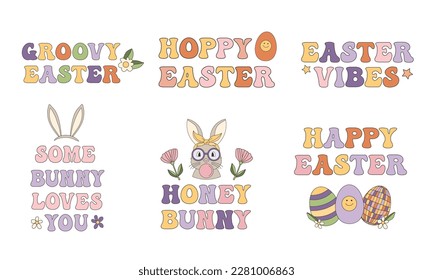 Easter Quote, Happy Easter Bunny lettering with cute elements, carrot, bunny, flowers
