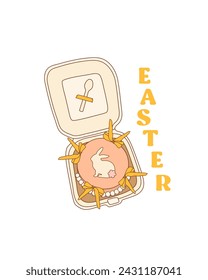 Easter Quote, Happy Retro Groovy Easter lettering with cute elements, bento cake, bunny, bow