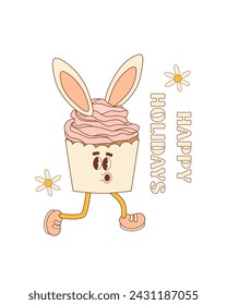 Easter Quote, Happy Retro Easter Groovy Bunny lettering with cute elements, bunny, cupcake