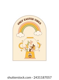 Easter Quote, Happy Retro Groovy Easter lettering with cute elements, rainbow, bunny