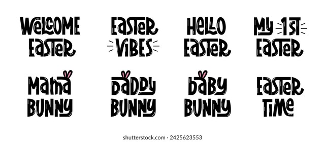 Citas de Pascua Colección Cute. Vector de letras de la mano de frases de vacaciones. Bienvenidos, Hola, Vibra de Pascua, Mamá Conejita, Papi Conejito Niños Divertidos Lema.