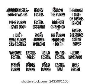 Easter Quotes and Phrases Big Set. Vector Hand Lettering of Holiday Slogans. Easter Handwritten Text Black and White. Jesus Loves You, Happy Easter, Egg Hunt Champion Sayings.