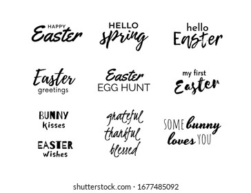 Easter quotes or phrases set isolated on white. Collection of greeting texts. Cute typography. Vector illustration.