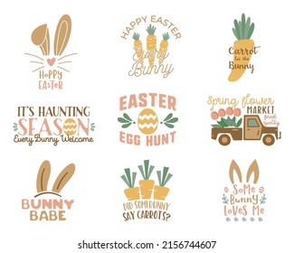 Easter quotes set. Vector illustration of simple flat style Easter badge designs isolated on white background. Holiday collection