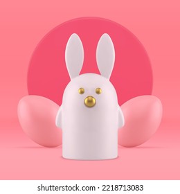 Easter rabbit 3d painted chicken eggs pink premium religious holiday festive greeting decor realistic vector illustration. Funny bunny animal character eggshell Christianity pink studio background