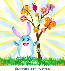 Easter rabbit with abstract summer tree background vector for different uses