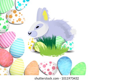 Easter. Easter rabbit among colored striped eggs in peas. horizontal leaf orientation on white background