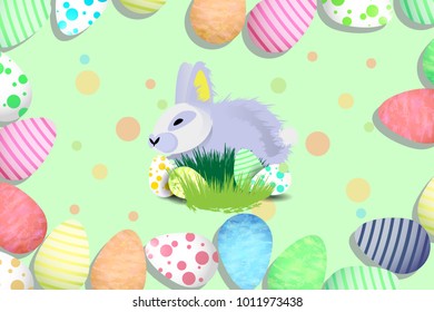 Easter. Easter rabbit among colored striped eggs in peas. horizontal sheet orientation