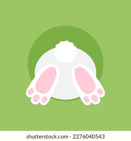 Easter rabbit back in hole, bunny ass сartoon, funny character, Easter egg hunt. Cute animal vector illustration on green background