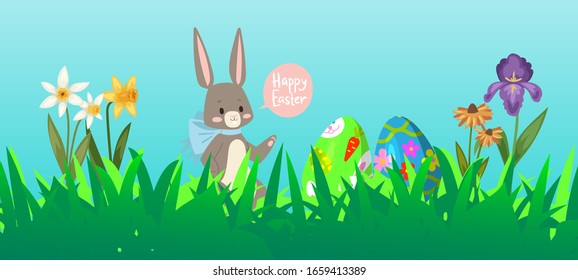 Easter rabbit background with cute bunnies, baby rabbit and grass, spring flowers, colored eggs cartoon vector illustration. Easter rabbits for poster holiday or spring card.