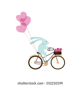Easter rabbit. Banner with cute easter bunny on a bicycle with balloons made out of heart. Vector illustration.
