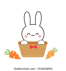 Easter rabbit, basket and carrots on white background vector illustration. Easter day.