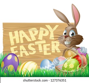 An Easter rabbit with a basket of chocolate Easter eggs next to a sign that says Happy Easter