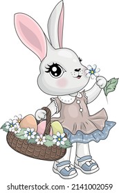 Conejo de Pascua con una cesta de huevos de colores