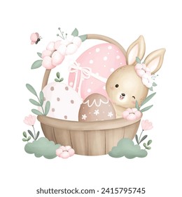 Easter Rabbit in basket and Easter Eggs with Flowers and Butterfly
