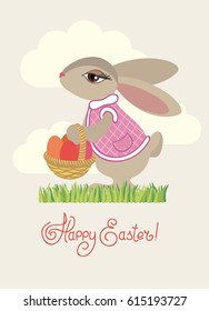 Easter rabbit with basket of eggs. Greeting card