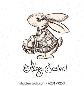 Easter rabbit with basket of eggs. Greeting card