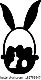 Easter rabbit basket with eggs. Vector silhouette.