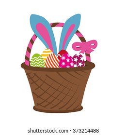 Easter rabbit in basket full of decorated easter eggs. Vector illustration