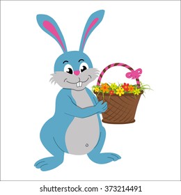 Easter rabbit with basket full of flowers. Vector illustration