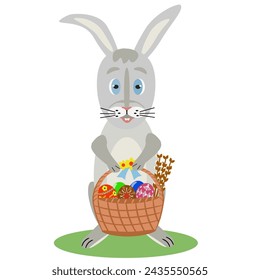 Easter rabbit. Rabbit with an Easter basket. Isolated object. For a children's book. Isolated object. Flat design. Vector illustration