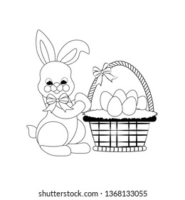 Easter rabbit with basket outline on the white background. Vector illustration