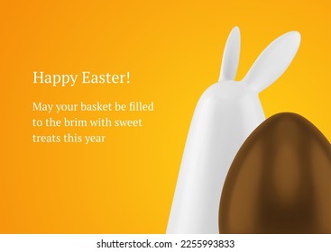 Easter rabbit bauble chocolate egg traditional holiday treat 3d greeting card design template realistic vector illustration. Modern religious decor bunny eggshell festive celebration decor element