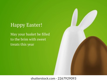 Easter rabbit bauble chocolate egg traditional holiday treat 3d greeting card design template realistic vector illustration. Modern religious decor bunny eggshell festive celebration decor element