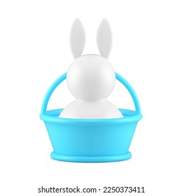 Easter rabbit in blue basket bauble Christianity holiday celebration decor 3d icon realistic vector illustration. Bunny hare in bucket with handle religious festive animal character long ears present