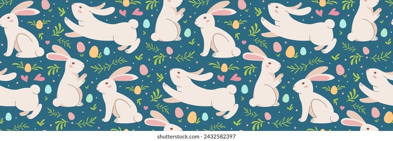 Easter rabbit blue seamless pattern. Colorful Easter eggs. Color eggs with bunnies, vegetation. Traditional festive background. For greeting cards, banner, textiles, wallpapers. Vector illustration.