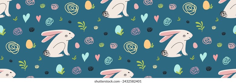 Easter rabbit blue seamless pattern. Colorful eggs, modern bunnies, and abstract doodles, scribble. Happy Easter background. For greeting cards, banner, textiles, wallpapers. Vector flat illustration.