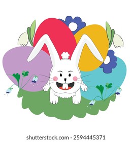 Easter rabbit in a bunch of colorful eggs; sticker print for Easter with Easter bunny in colorful eggs 