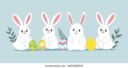 Easter Rabbit, Easter Bunnies With Eggs, Vector Illustration, , Happy Easter Greeting Card, Banner, Rabbit animal icon isolated on background, Modern style design
