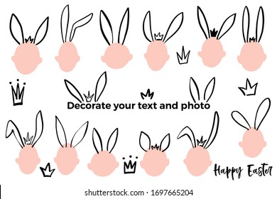Easter rabbit or bunny doodle ear masks on heads. Icon set for decoration characters, photos. Hand drawn sketch illustrations. Black and white tiaras or crowns for funny friendly jokes.