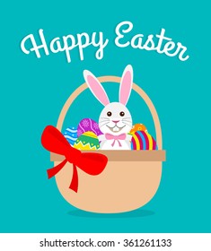easter rabbit bunny easter eggs in the basket. happy easter