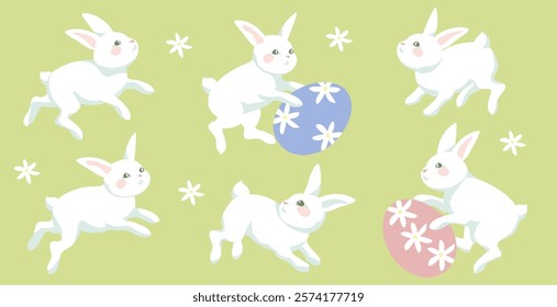  Easter rabbit bunny and Easter eggs, elements for creating  easter  postcards, posters and background