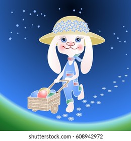 Easter Rabbit Bunny Girl landing Earth from deep space with egg cart, night happy Ester holiday celebration event, blushed female hare cartoon character wearing overalls, vector template artwork print