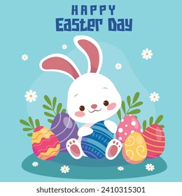 Easter Rabbit Easter Bunny Happy Easter Greeting Poster 
Easter design, hand painted strokes, flowers rabbit and dots, eggs, bunny ears, in pastel colors. cute Minimal design