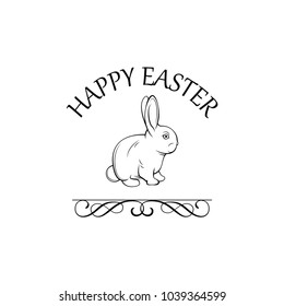 Easter rabbit, easter Bunny. Happy Easter lettering. Vector illustration with ornate frame, flourish and vintage swirls.