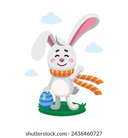 Easter rabbit, bunny, hare shows Thumb Up Sign. Vector digital illustration. Flat design. Cartoon style. Easter character, mascot. Egg hunt concept
