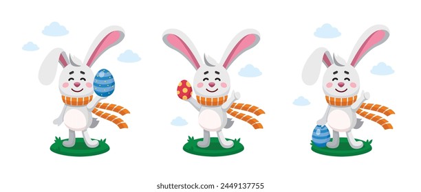 Conejo de Pascua, conejito, liebre muestra Pulgar Arriba Firma y sostiene huevo de Pascua. Colección de caza de huevos. Conjunto de ilustraciones digitales de Vector. Diseño plano. Estilo de dibujos animados. Personaje de Pascua, mascota. Concepto de cacería de huevos