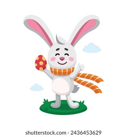 Easter rabbit, bunny, hare wearing orange scarf shows Thumb Up Sign, painted egg. Vector digital illustration. Flat design. Cartoon style. Easter character, mascot. Egg hunt concept