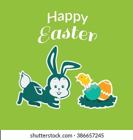 Easter rabbit or bunny icon design flat. Chicken egg, holiday and animal. Vector illustration