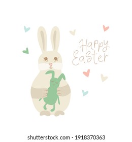 Easter rabbit, bunny minimalistic style with lettering sign. Vector stock illustration isolated on white background for Easter greeting card.