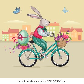 Easter rabbit or bunny on Bicycle. Vintage holiday poster, card. Wonderland. Happy Easter. Magic story. Romantic gift. Children's illustration. Vector. 