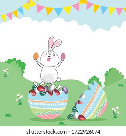 Easter rabbit or bunny on egg and holding easter egg.rabbit cartoon greeting card design.Happy easter,animal character.
