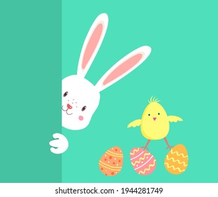 
Easter rabbit, easter Bunny.Colorful  greeting card with rabbit, bunny, eggs and chicken.