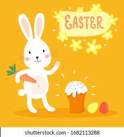 Easter rabbit, easter Bunny.Happy easter greeting card with rabbit,cakes,carrot, flowers and festive inscription.Vector illustration