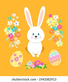 Easter rabbit, easter Bunny,Happy easter greeting card with rabbit,egg,flowers, isolated on orange background.All elements are separated.Colorful vector illustration.