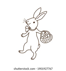 Easter rabbit carries basket with easter eggs. Hand drawn doodle vector illustration. Brown outline isolated on white background. 